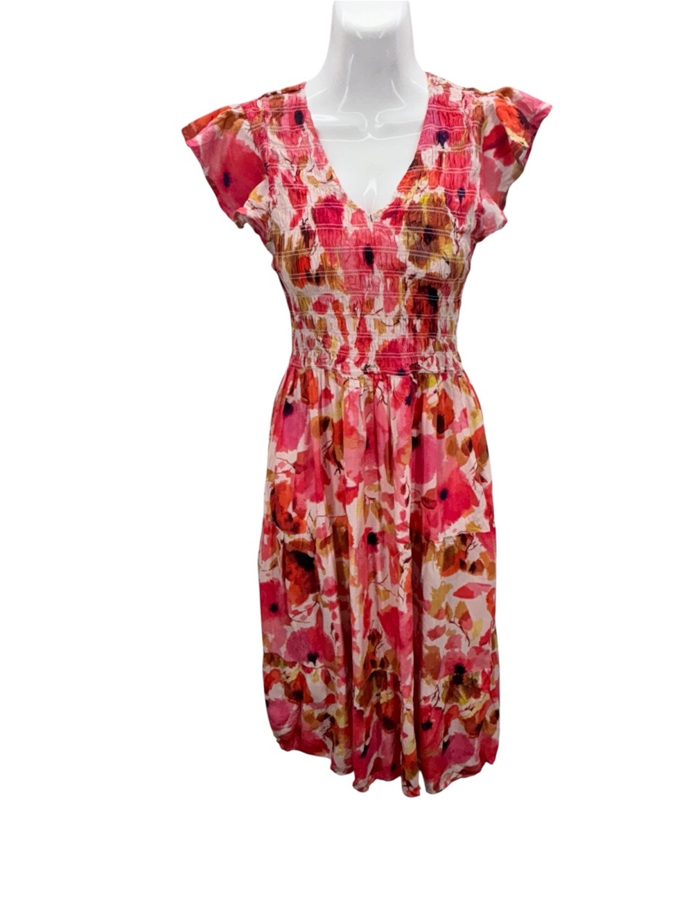 Cassee's Women's Medium Smocked Floral Tiered Midi Dress V-Neck Short Sleeve